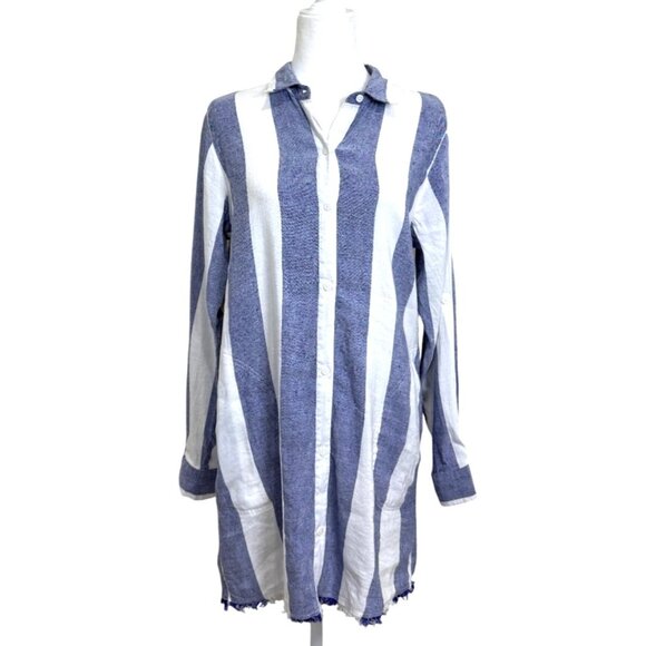 Tommy Bahama Rugby Beach Stripe Cover-Up Tunic Shirt Dress Linen Blue Size M - Picture 2 of 8